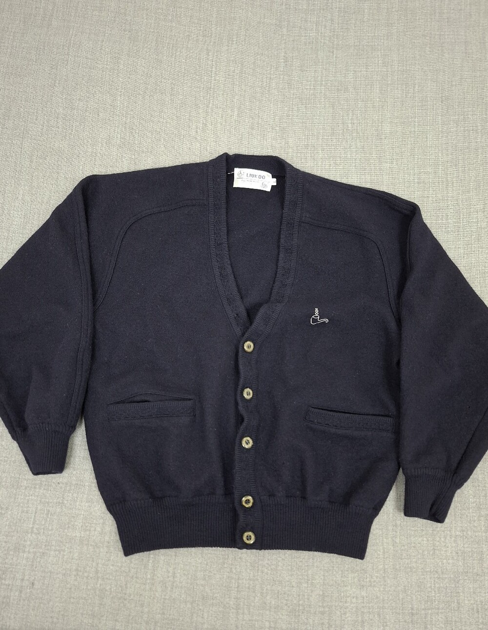 Liukoo New Wool V Neck Navy Blue Cardigan Sweater With Smoking Pipe Embroidery.